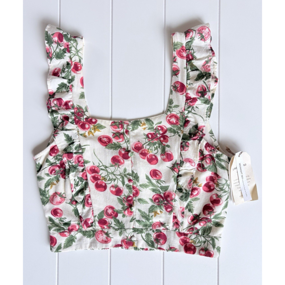 Midnight Sky Cherry Tomato Print Linen Blend Crop Top Ruffle Smocked Womens L